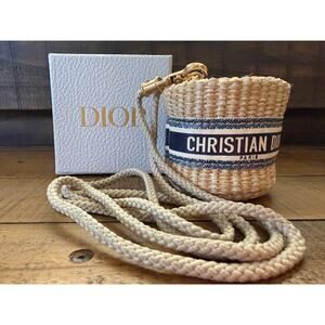 Christian Dior GWP Mini Bucket Bag Women's Woven Straw Pouch Crossbody W/Box
